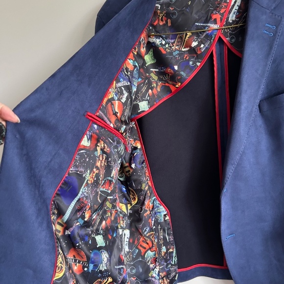 7 Downie Street Blue Men's Blazer with musical pattern lining, XL Size 52R - Picture 3 of 13